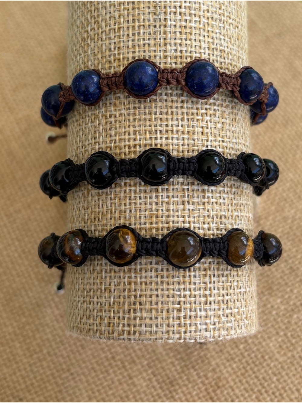 Handcrafted Beaded Macrame Bracelet Set in Blue, Black & Brown